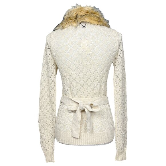 Vintage Y2K Fur Trim Cardigan Sweater Pointelle Knit Penny Lane Cream - Picture 12 of 13